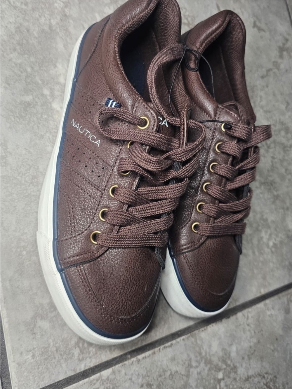 Nautica Brown Leather Casual Lace-Up Sneakers with White Sole